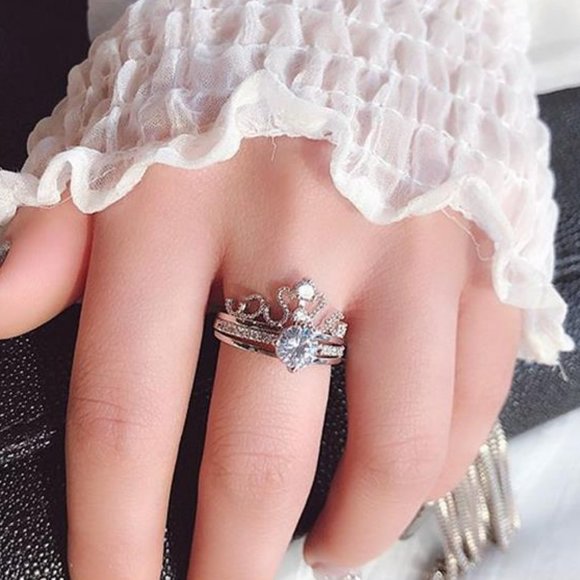 NEW 2PC 925 Silver Diamond Crown Resizable Ring - Picture 4 of 9